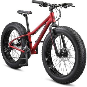 image:imageMongoose Argus Trail or ST Fat Tire Mountain Bike 20 24 or 26 Inch Bike for Kids and Adults 7 or 16 Speed Aluminum or Steel Frame Knobby Mountain Fat Tires Mechanical Disc BrakesRed